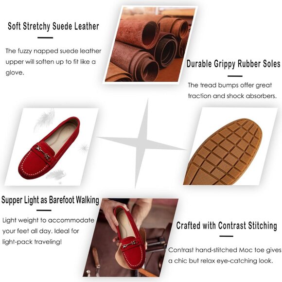 Kordal Women's Red Leather Gold Accent Buckle Slip-Ons Comfortable Loafers - Picture 3 of 9